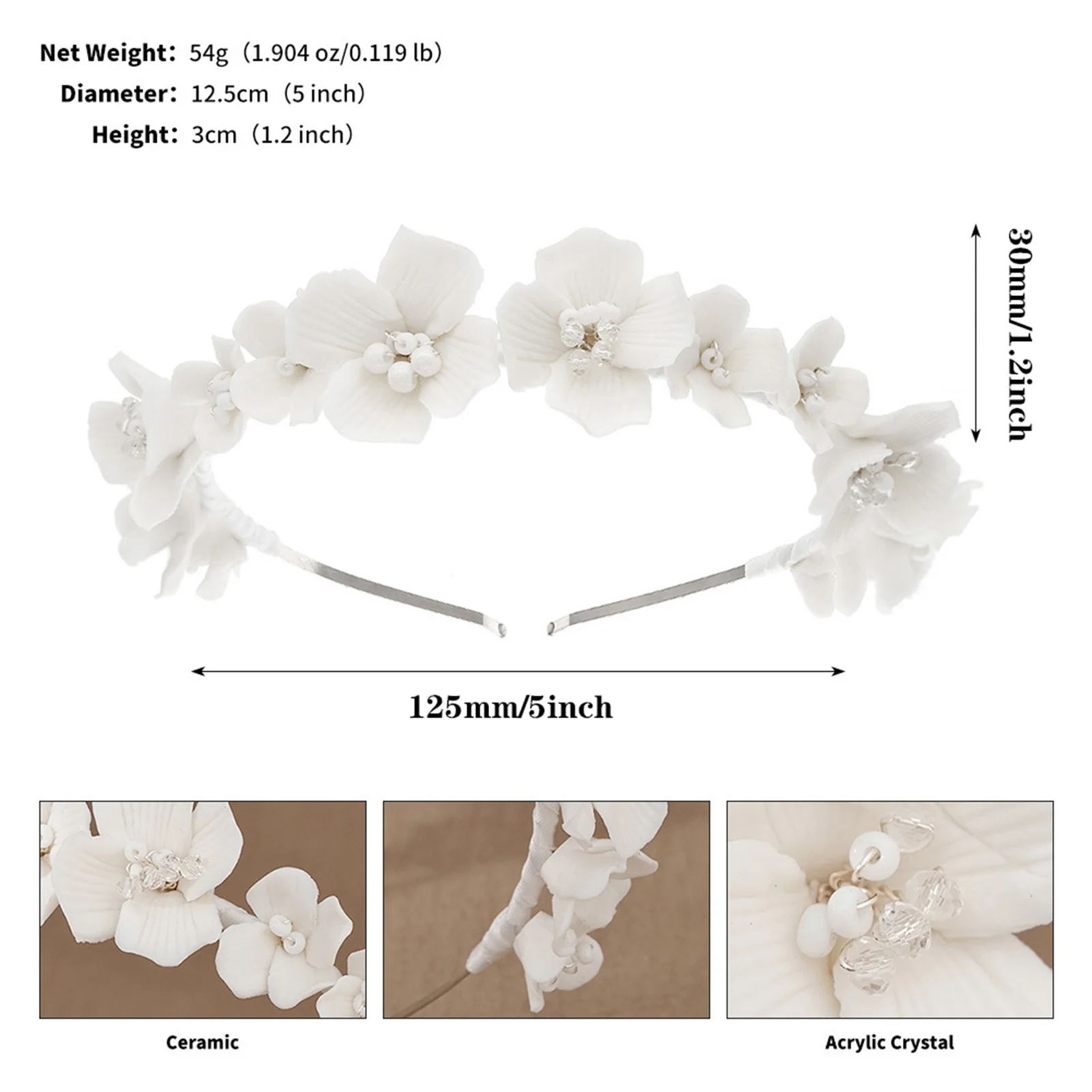 تيجان هيرباند بيضاء مع زهور سيراميك تاج أغطية الرأس لحفلات أعياد الميلاد وإكسسوارات مجوهرات الشعر #6