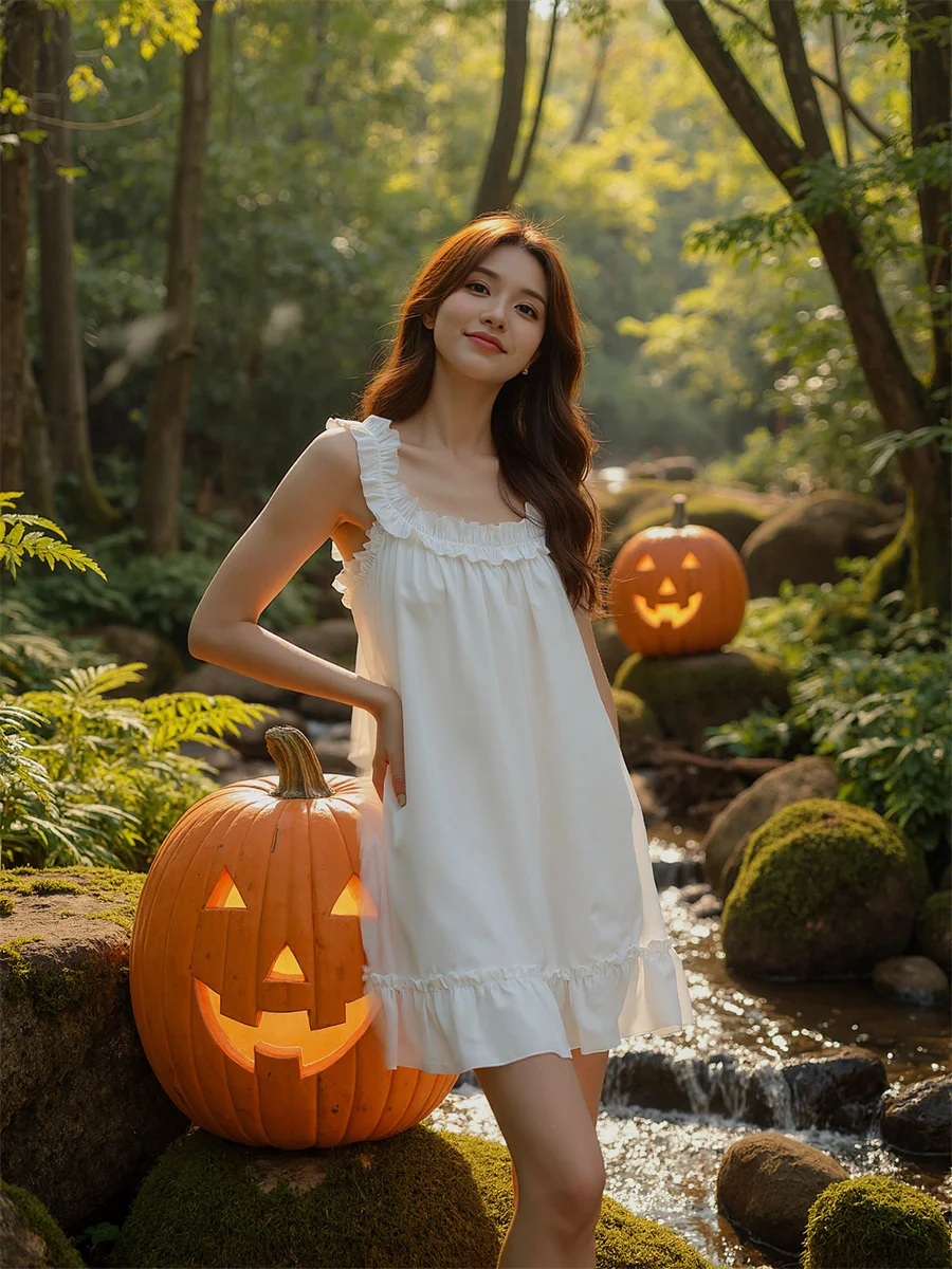 Women's Elegant White Evening Dress Loose Mini Pleated Floral Design Temperament Square Neck Round-Neck All-Match Peplum Shiny