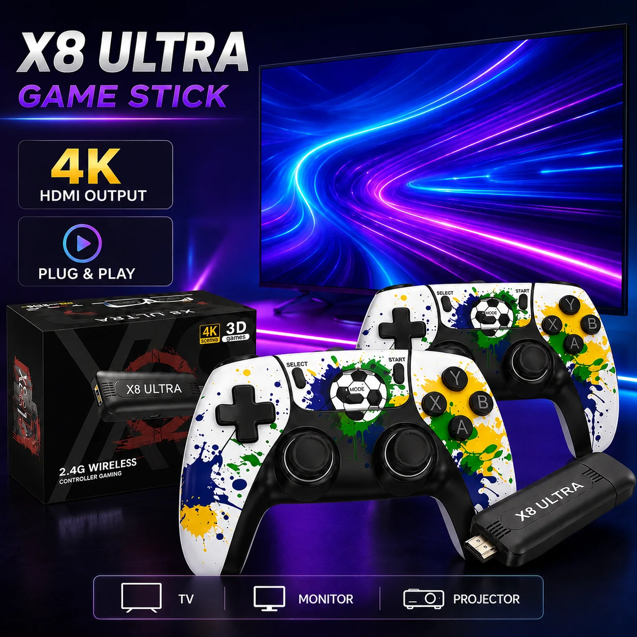 Latest Model Wireless X8 Game Stick Style for the CUP Handle Controller 4K TV of World Retro Video Game Console