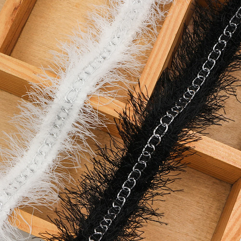 

White Tassel Fringe Trimming for Clothing Sewing,Party Cap Decoration,Black Faux Mink Fur Plush Soft Chain Webbing DIY Accessory