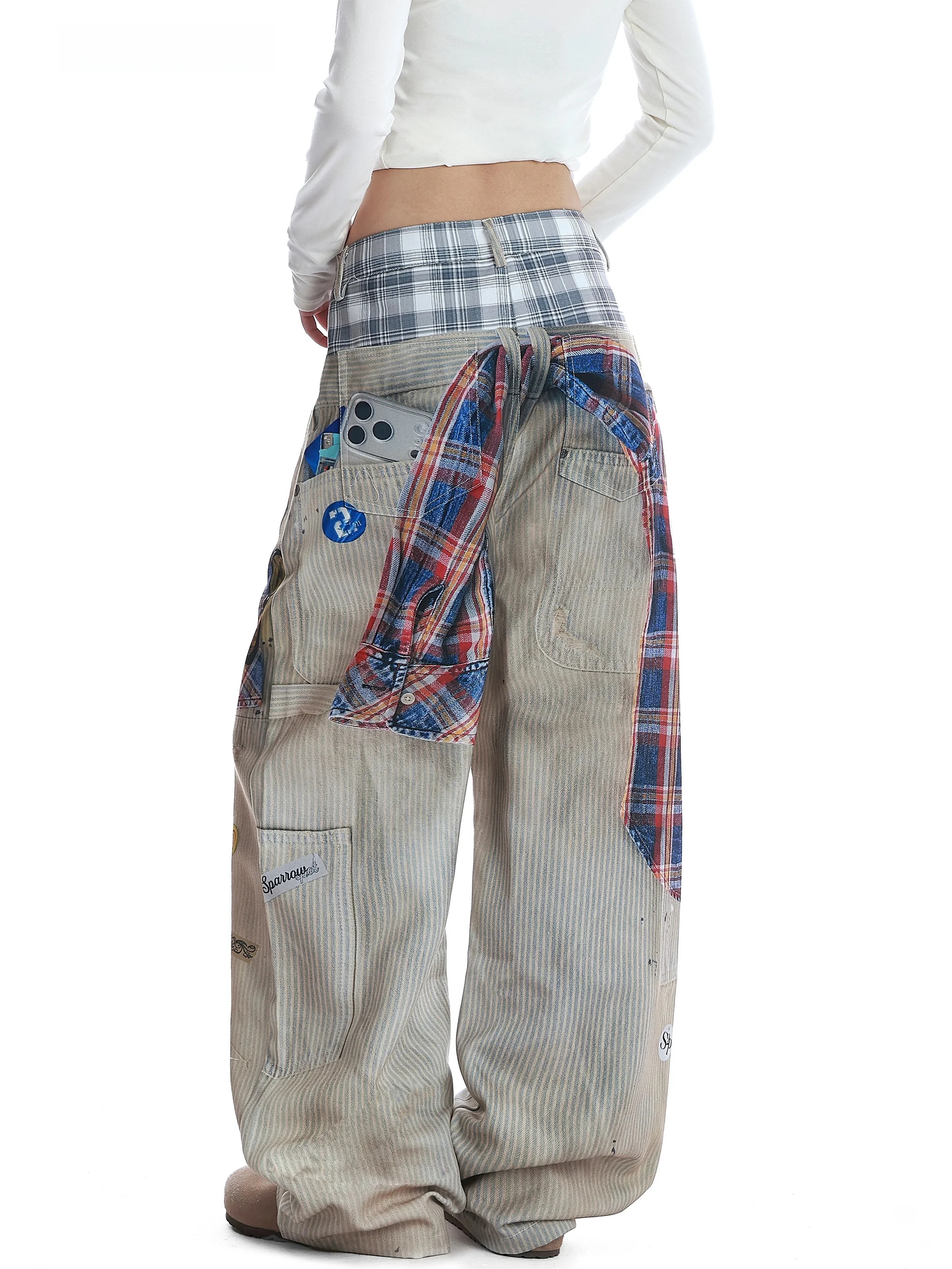 

American Waed Plaid Print Denim Pants Women's Autumn Winter Hip Hop Street Fake Two-Piece Wide Leg Casual Pants