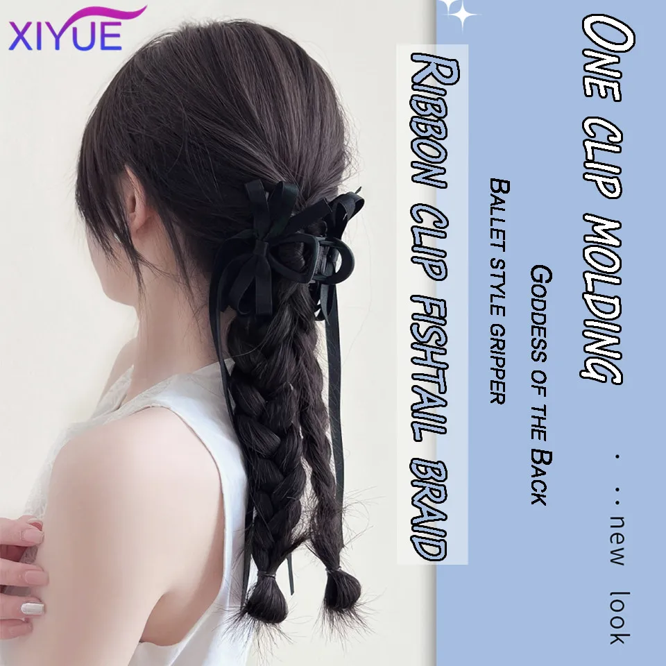 XIYUE  Wig Braid Women's Fishtail Braid Ballet Style Natural Sweet Ribbon Grab Clip Double Braided Horsetail Wig