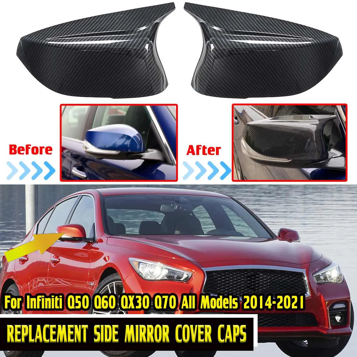 

Pair Car Side Door Rearview Mirror Cover Replacement For Infiniti Q50 Q60 QX30 Q70 2014-2021 Car Rear View Mirror Cover Cap Case