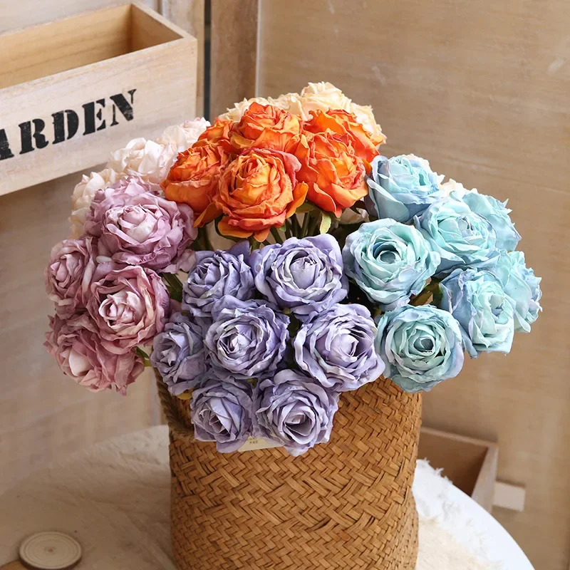 7pcs/bouquet Head Artificial Roses Holding Bunches Artificial Flowers Wedding Home Decoration Fake Flowers Decoración Hogar