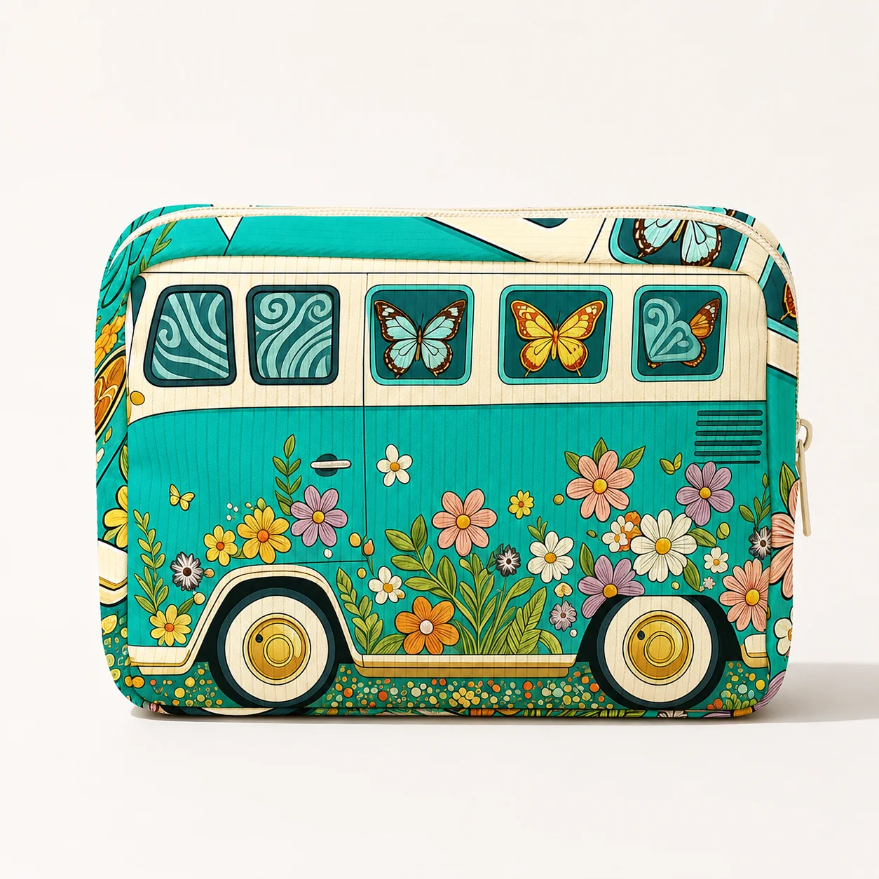 Boho Retro Camper Van Cosmetic Bag for Women, Floral Butterfly Zipper Makeup Pouch for Travel, Toiletries & Daily Storage