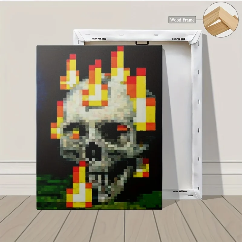 1pc Pixel Flaming Skull Wall Art: Polyester 2D Flat Print. Frameless Decor for Bedroom/Living Room, Edgy Home Accessory