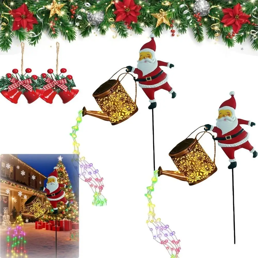 Solar Powered Santa Kettle Lights LED Illumination Ground Stake Christmas Garden Light Plastic and Metal Perforated Watering Can