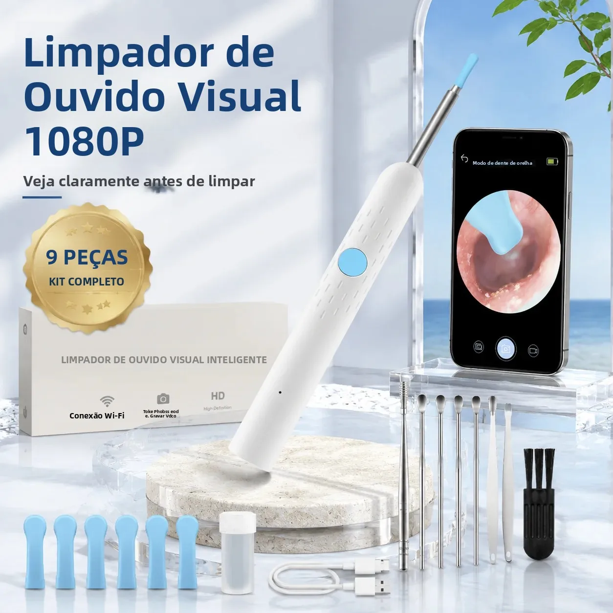 Câmera Visual HD 1080P para Limpeza de Ouvido, Ferramenta WiFi para Remoção de Cera, Otoscópio de 3.5mm com 6 LEDs, Recarregável Tipo-C, para Adultos e Família