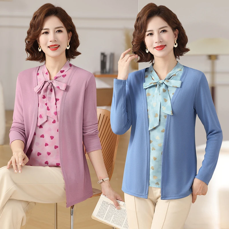 

Long Sleeve Bow collar Shirt Fake Two Piece Autumn Middle-aged Mothers knitting embroidery solid color Knitted Casual Loose Top