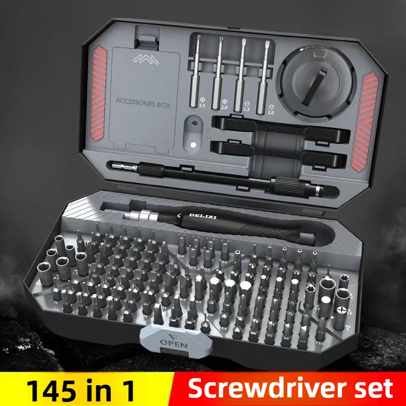 

Набор отверток DELIXI 145-в-1: прецизионные магнитные насадки, беспроводная ручная отвертка, портативный ремонтный комплект инструментов