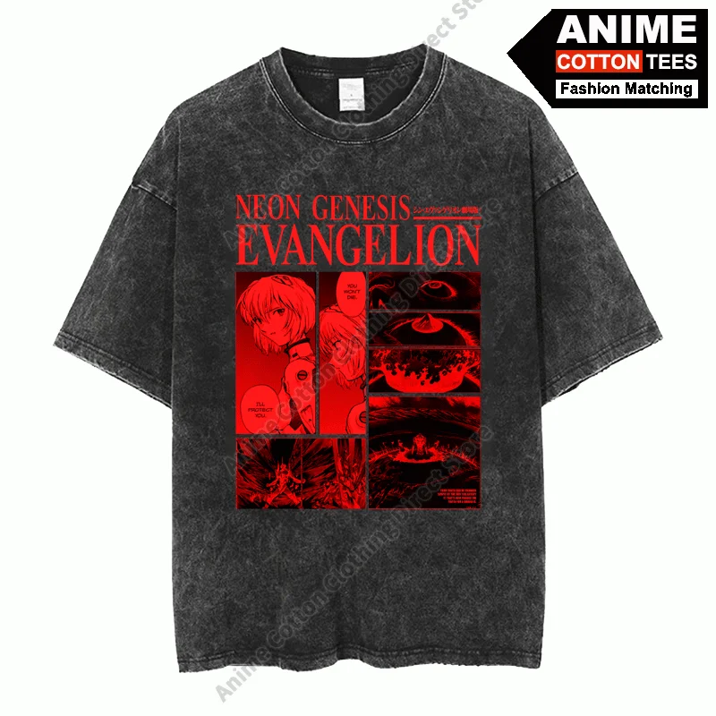 NEON GENESIS EVANGELION Print T Shirt Anime EVA T-shirt Cotton Washed Vintage Oversized T-shirt y2k Casual Unisex Loose Tees