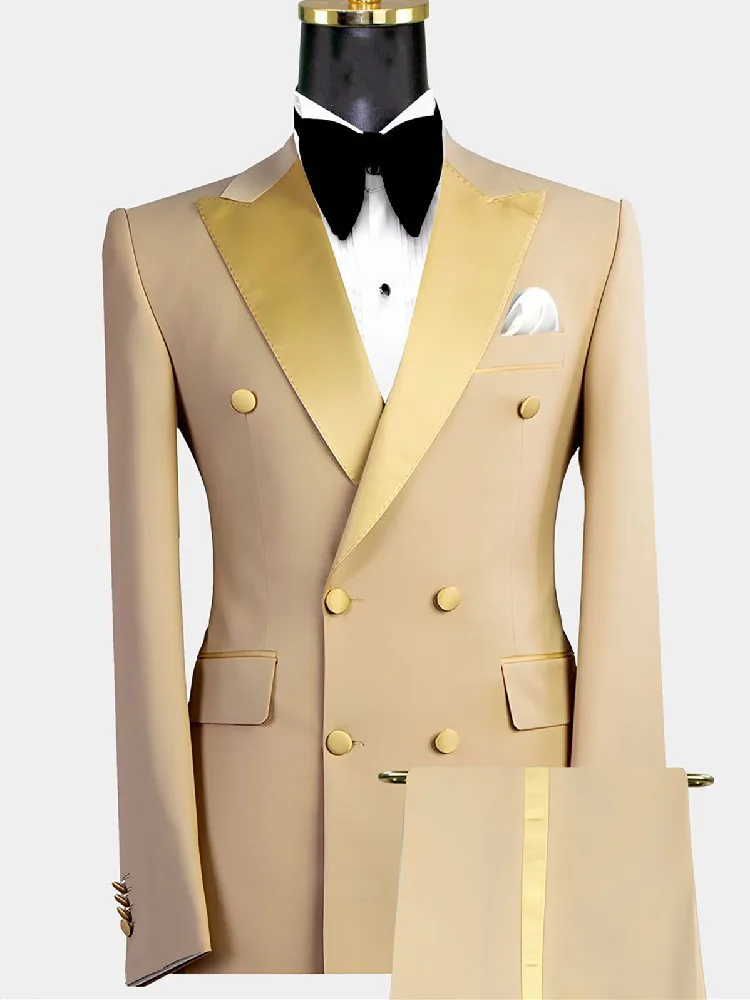 Gold Men Suits 2 Pieces Blazer Pure Pants Double Breasted Tuxedo Modern SatinWide Lapel Wedding Formal Work Prom Causal Tailored