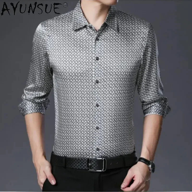 AYUNSUE Mulberry Silk Long Sleeved Shirt for Men New Spring Autumn 's Clothing Fashion Printed Plaid Camisa Hombre