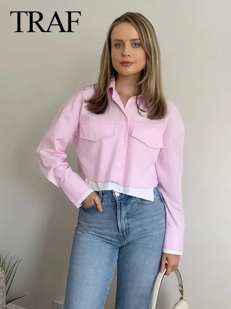 

TRAF 2024 Spring Women's Blouse Single Breasted Long Sleeves Solid Lapel Top Pocket Button Loose Elegant Versatile Causal Shirt