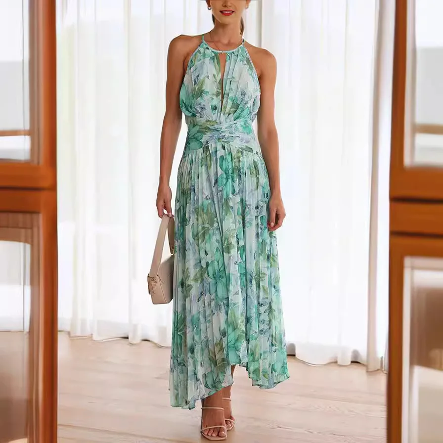 

Women's Neck Hanging Vintage Vacation Bohemian Fashion Print Hollow Out Off Shoulder Sleeveless Elegant V-neck Long Skirt Dress