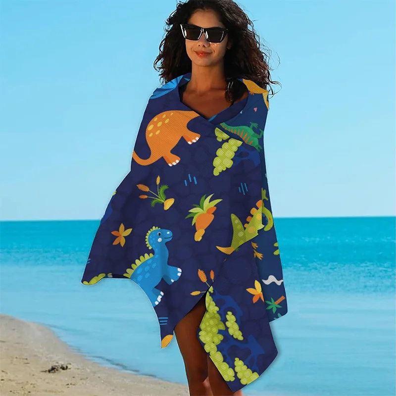 Beach Towel Cute Dinosaur Pattern Sun Protection Windproof Suitable for Swimming Pool Camping Travel Blanket