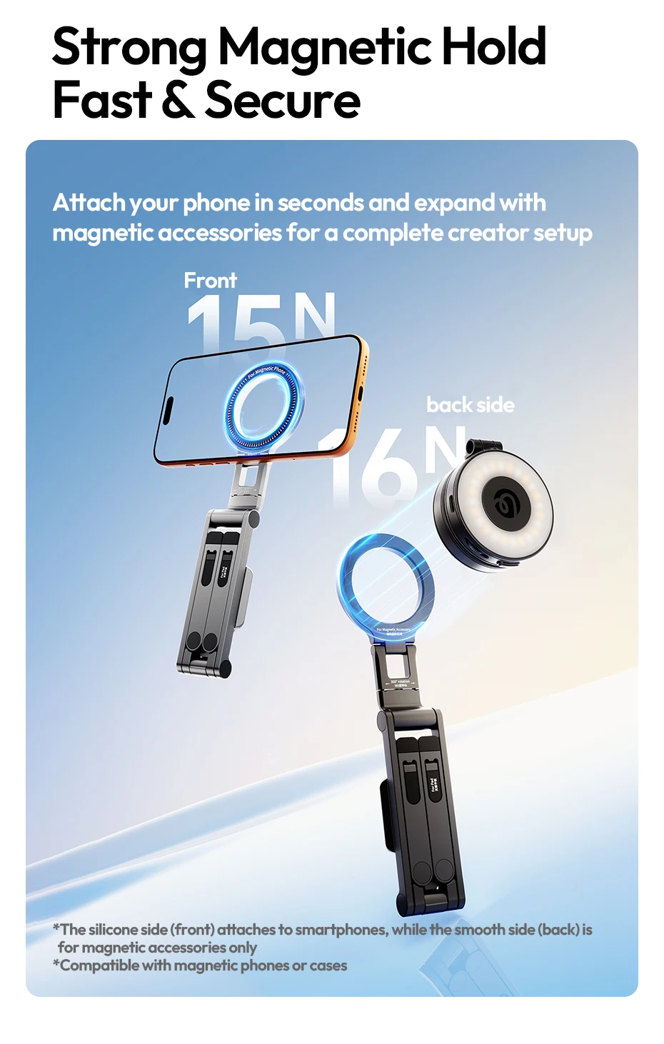 Ulanzi MA67 Overhead-Selfie-Stick mit Griff, magnetischer dreifach faltbarer Handyhalter für iPhone 17, 16, 15, Xiaomi, Huawei, für Vlog-Videos – Detail 6
