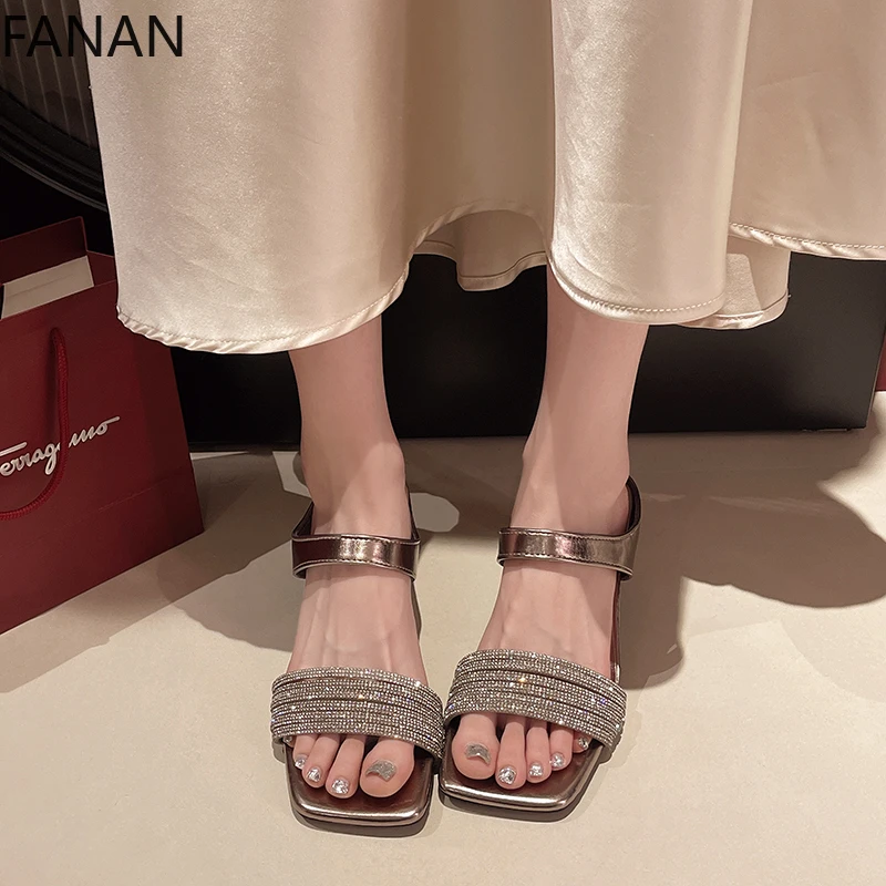 Luxury Rhinestone Slippers Shoes for Women's 2025 Original Summer Square Toe Open Toe Sexy High Heel Sandals