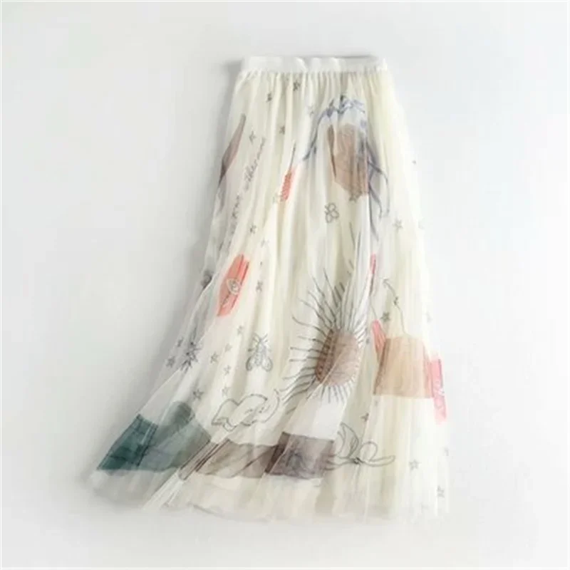 

2024 Fairy Floral High-waisted A-line Mesh Skirt Spring Summer Casual Black Midi Long Skirts Women Sweet Tulle Skirt P270