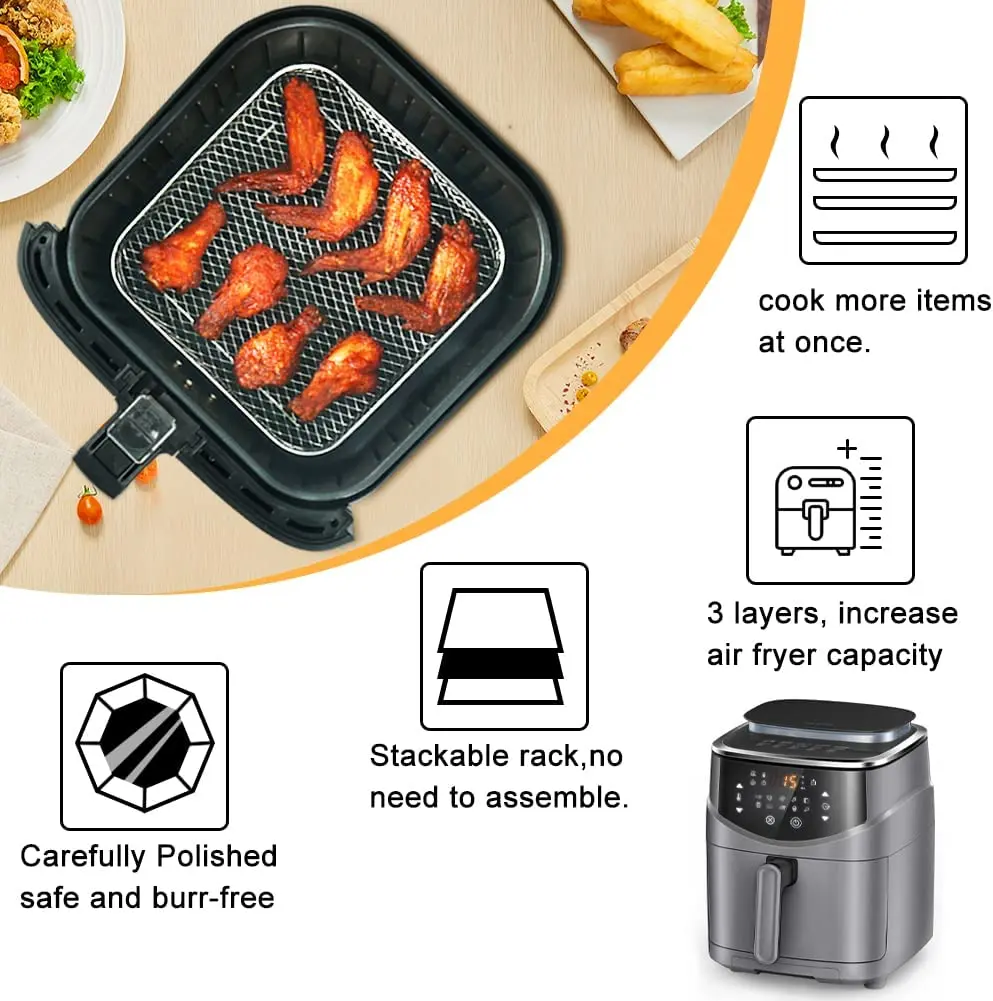 3-layers Air Fryer Rack Stackable Grid Grilling Rack Stainless Steel Anti-corrosion for Home Kitchen Oven Steamer Cooker Gadgets