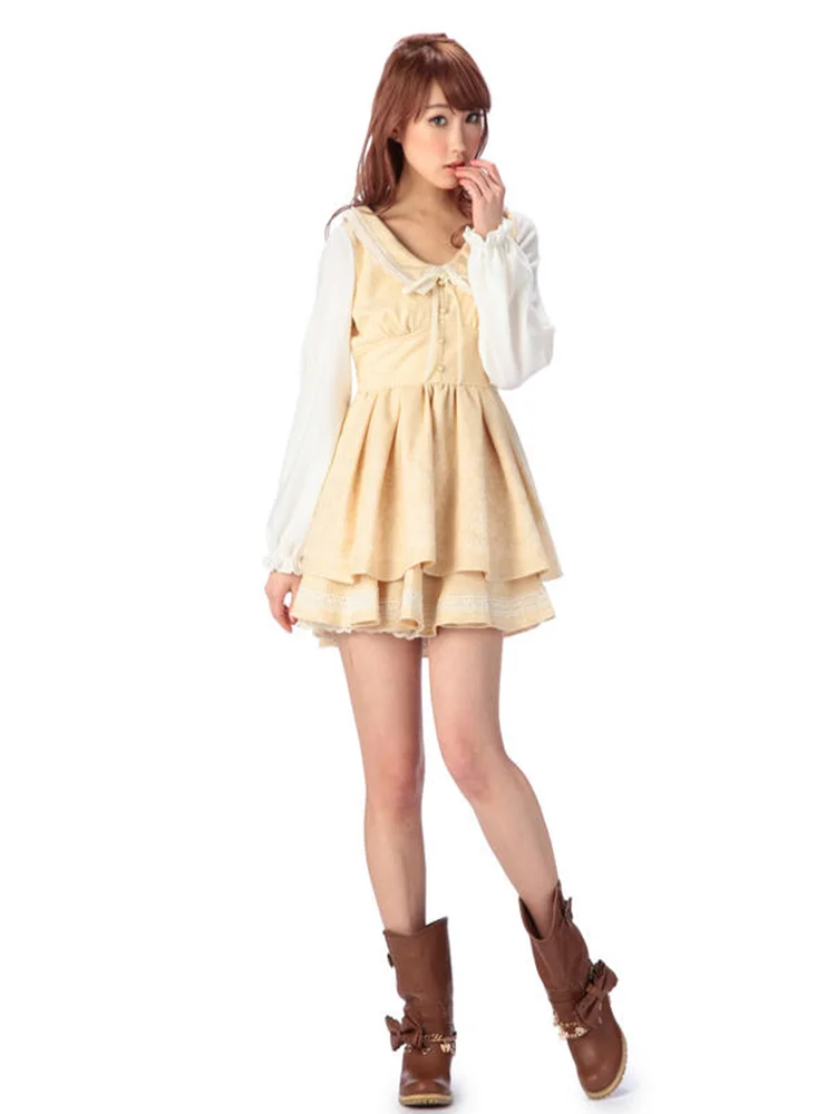 SALES Export To Japan Liz Lisa Flocking Knitted Lace Embroidery Long Sleeve Thick Mini Dress