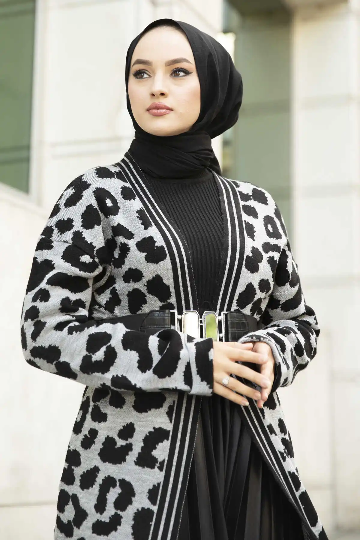 Leopard Pattern Knitwear Cardigan Anthracite Winter Autumn 2021 Muslim Women Hijab headscarf islamic Turkey