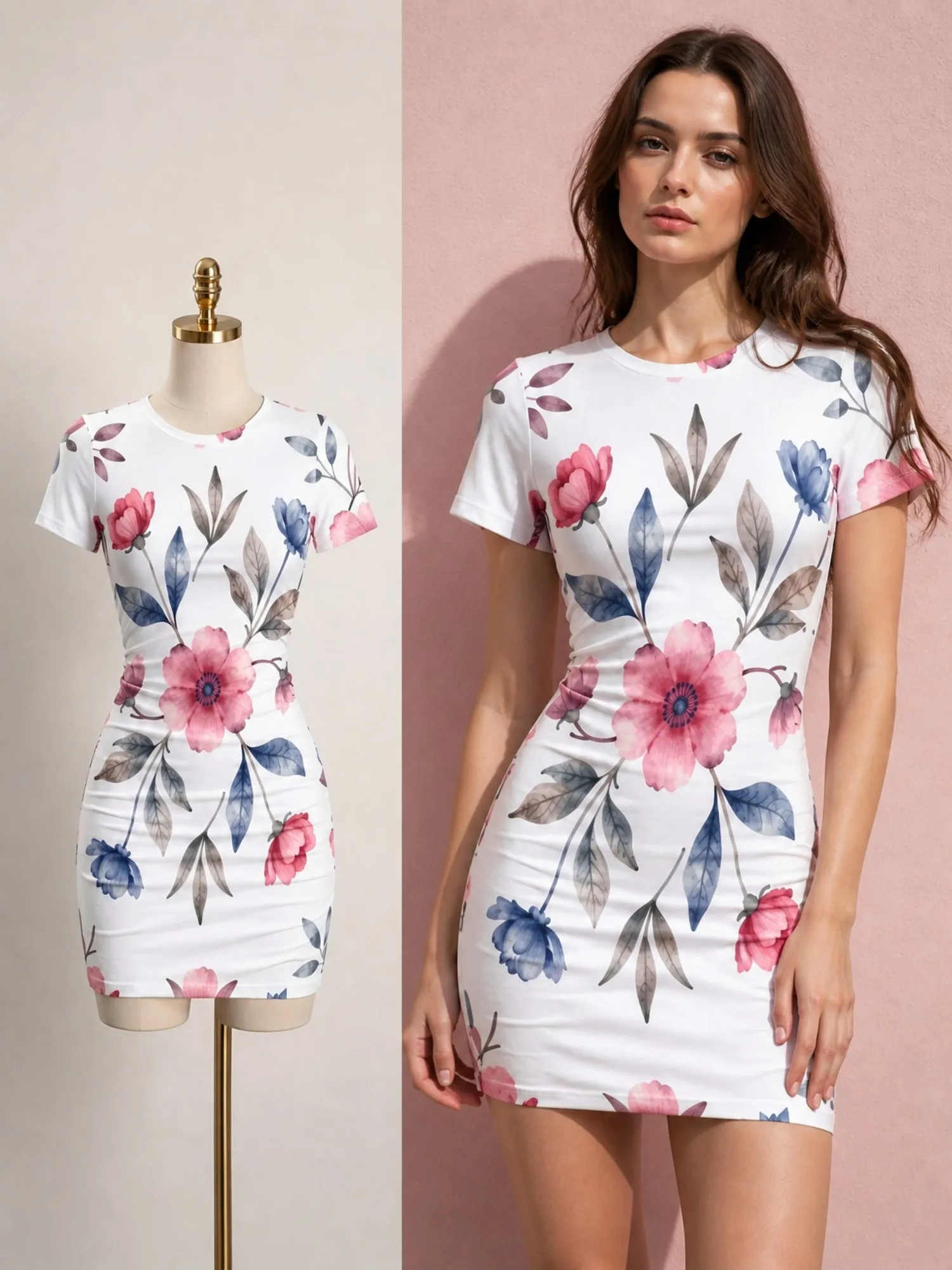 Damen-Minikleid mit kurzen Ärmeln, figurbetont, schmale Passform, Rundhalsausschnitt, Blumendruck, lässig, für Sommerpartys, niedlich, bequem, schlankmachend, Urlaub, Sommerkleid