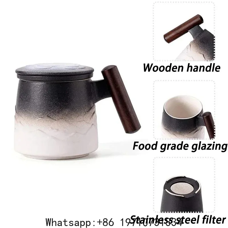 Vintage Ceramic Mugs Wooden Handle Tea Cups with Strainer and Lid Portable Unusual Coffee Mug Personalized Gifts for Father