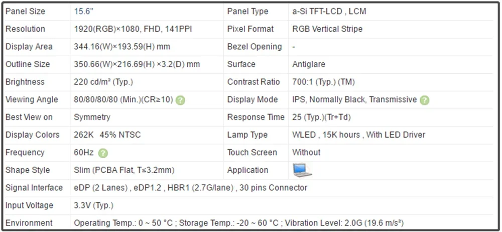 15,6-дюймовая ЖК-экранная панель 1920x1080 FHD 141PPI EDP 30 контактов 220 кд/м2 (тип.) IPS Slim без сенсорного экрана 60 Гц 45% NTSC LP156WFC-SPK1