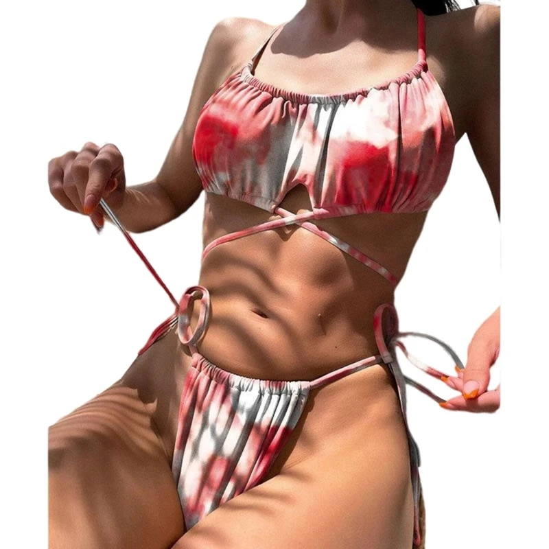 

Комплект бикини E8BF женский из двух предметов, пикантный купальный костюм на завязках, стринги, пляжная одежда, однотонный купальник на бретелях