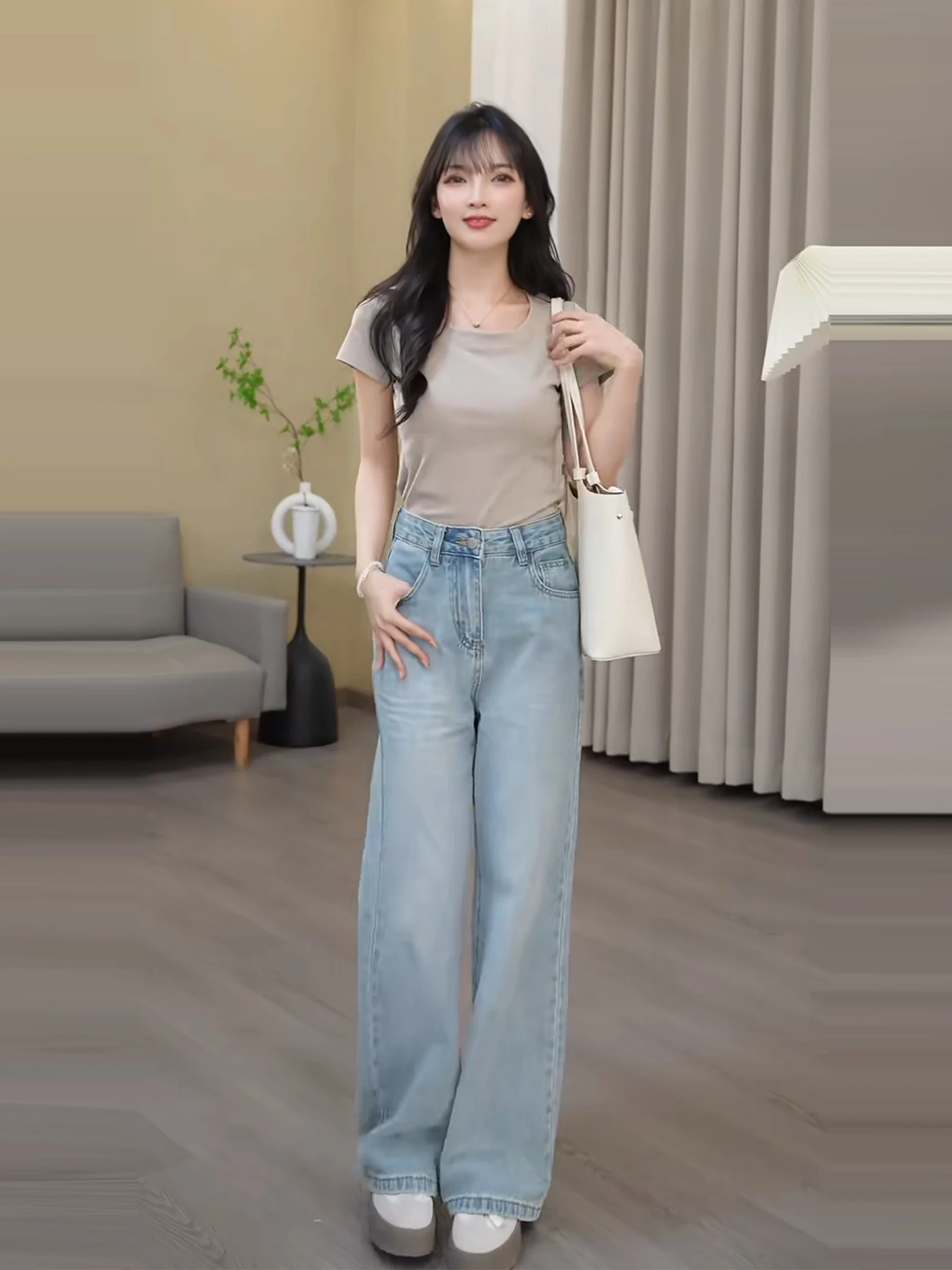 

Повседневные широкие джинсы с высокой талией, женские весенне-осенние свободные утягивающие прямые длинные брюки, грушевидное тело, джинсовая одежда с водной талией