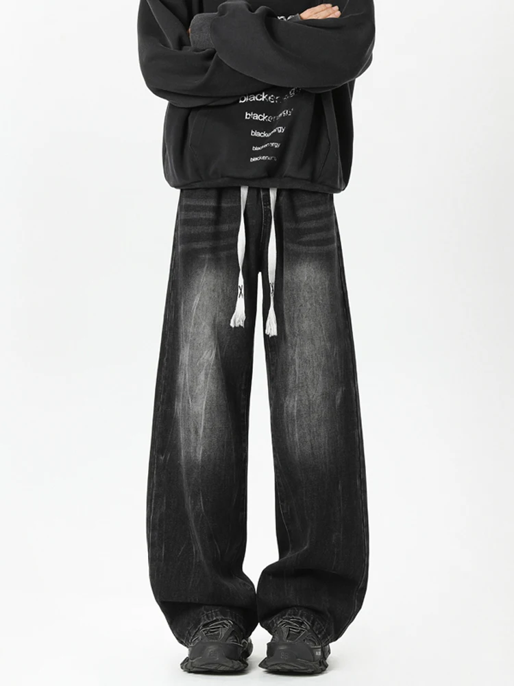 

High Waist Dstring Bootcut Jeans Men's Autumn Winter American Retro Version Wide Leg Cotton Polyester Blend Jeans