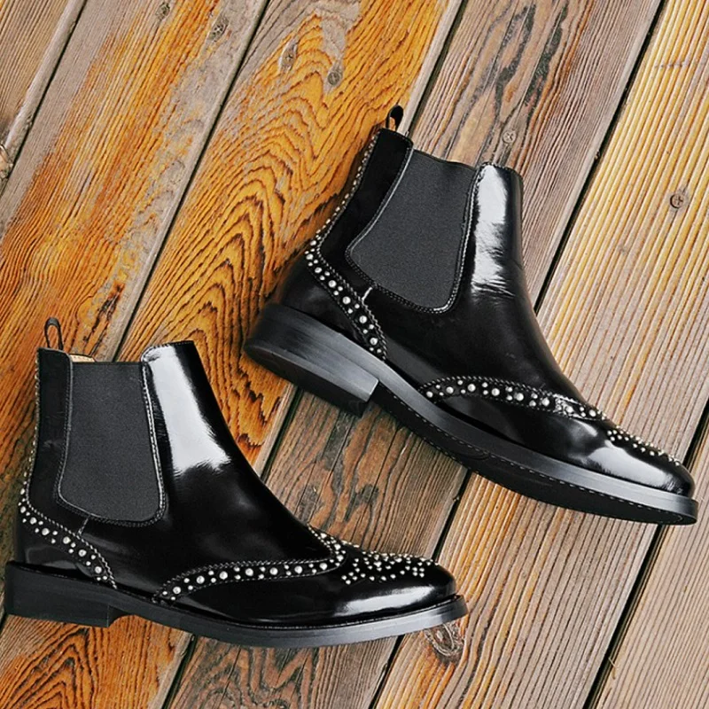 Genuine Leather Classic Chelsea Boots Woman Slip On Ladies Rivets Ankle Boots Simple Comfortable Winter Warm Shoes Size 43