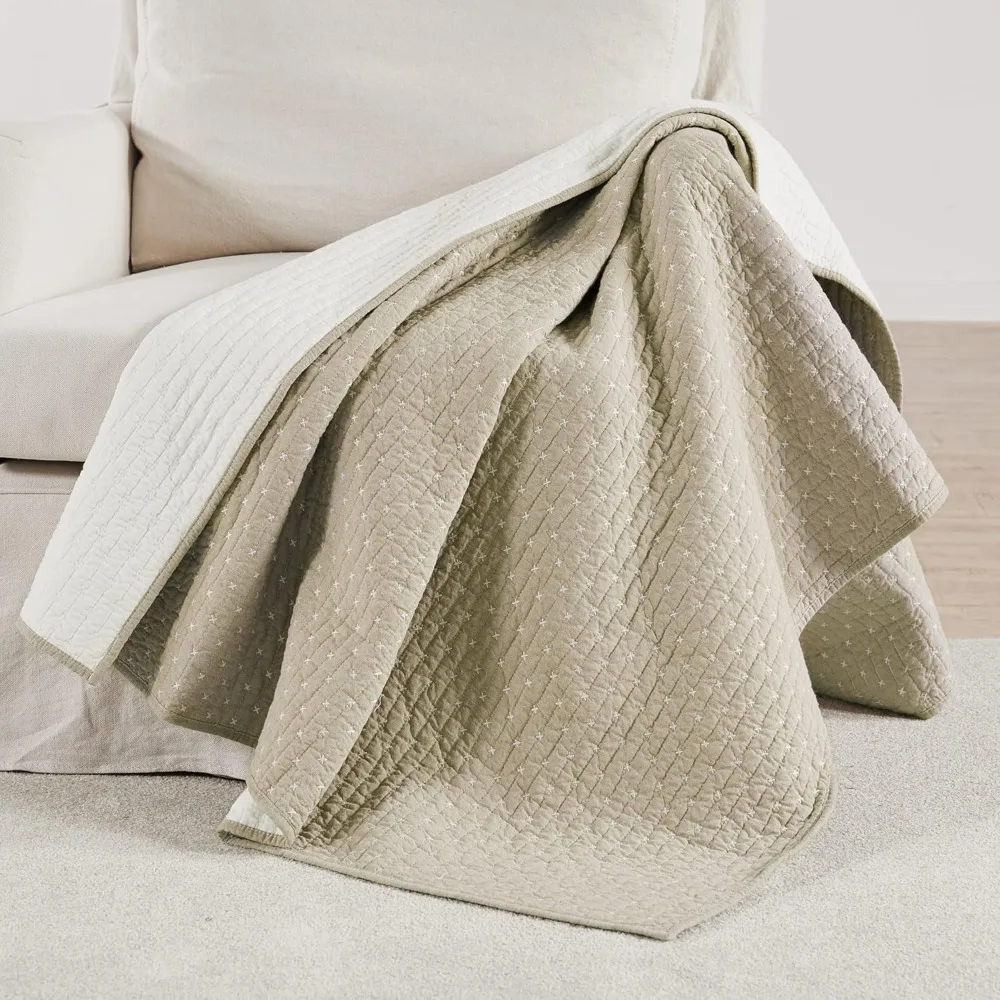 

Cross Stitch Quilted Throw 50x60in. 100% Cotton Reversible Pattern Taupe with White Contrast Stitching