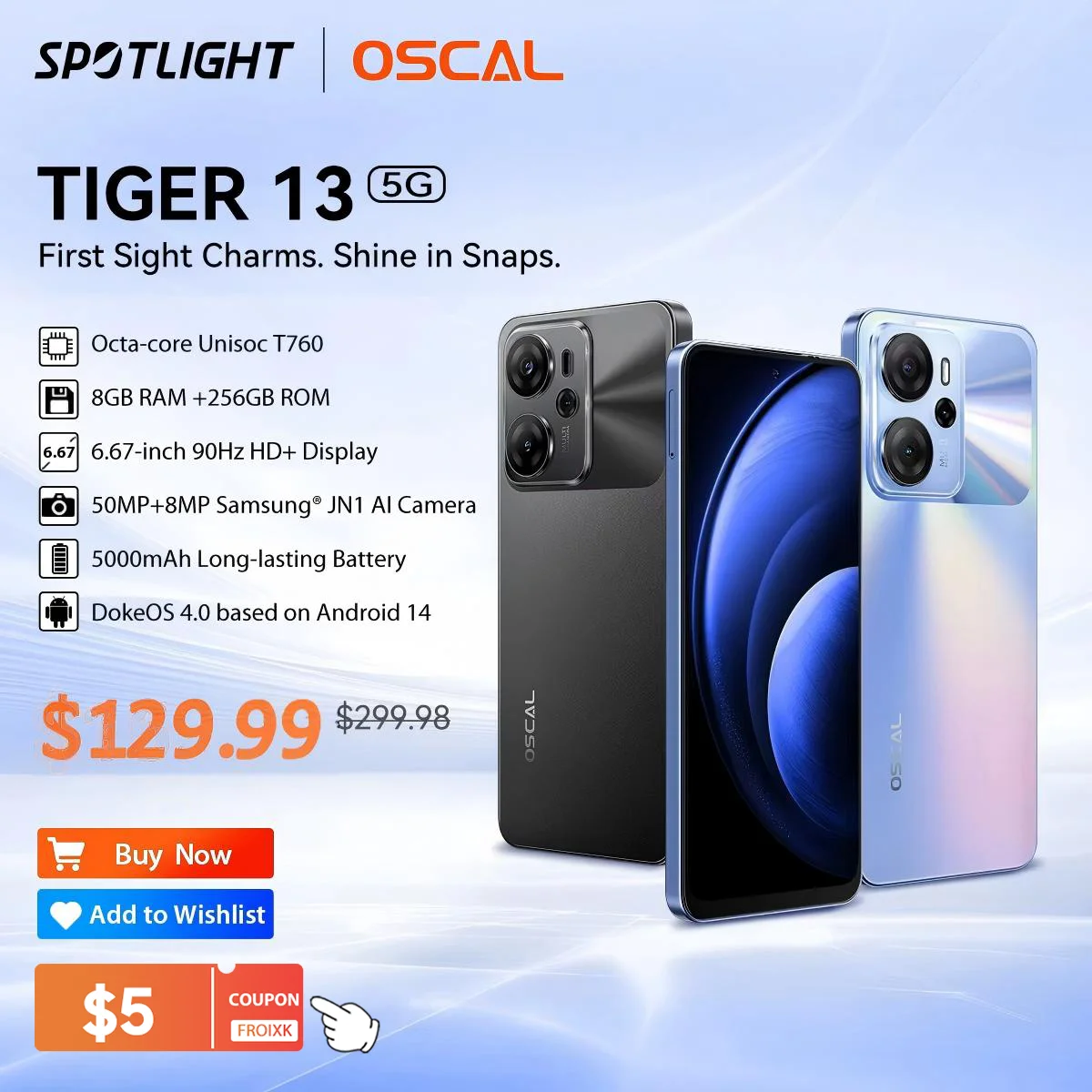 [العرض الأول في العالم] هاتف OSCAL TIGER 13 5G الذكي Unisoc T760، شاشة IPS مقاس 6.67 بوصة، كاميرا 8 جيجابايت + 256 جيجابايت، كاميرا AI 50 ميجابكسل NFC هاتف محمول 5000 مللي أمبير في الساعة