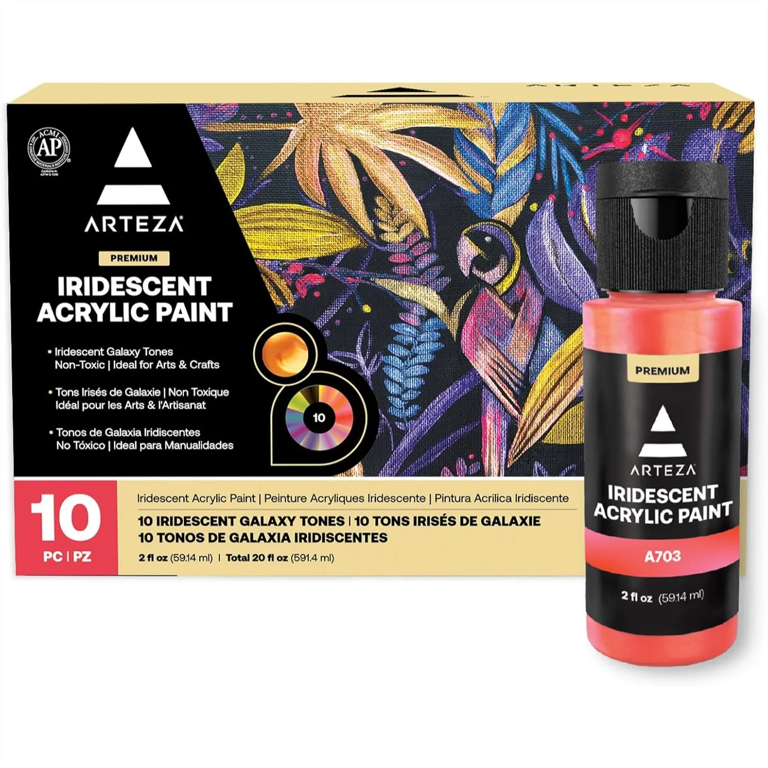 

Iridescent Acrylic Paint Set, 10 Galaxy Tones, 60 ml Bottles, Shimmer Paints for Canvas Wood Rocks Fabric Paper