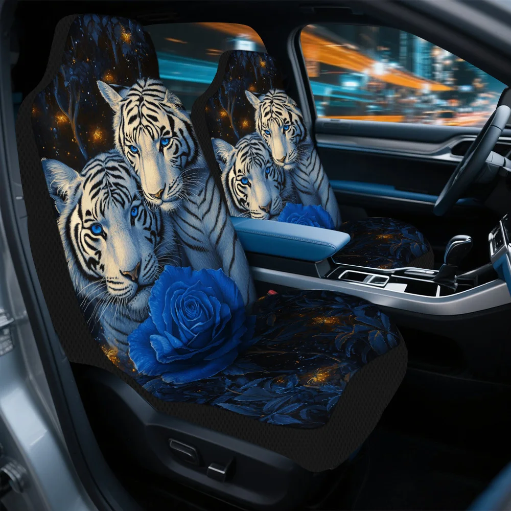 2pcs Mystical Tigers & Blue Rose Car Seat Covers Set - Trendy, High-Quality, Durable & Comfortable, Easy To Clean, All-Season Fr