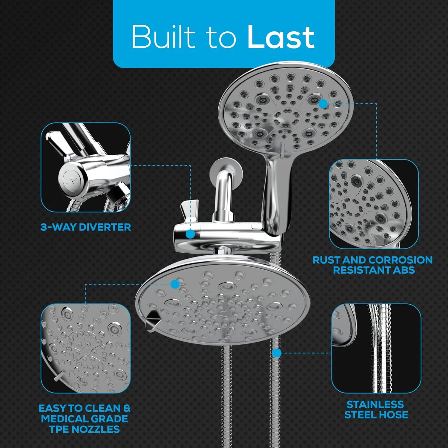 デュアルシャワーヘッドコンボ - 8インチ高圧55モードレインフォール、ハンドヘルドスプレー付き、簡単設置