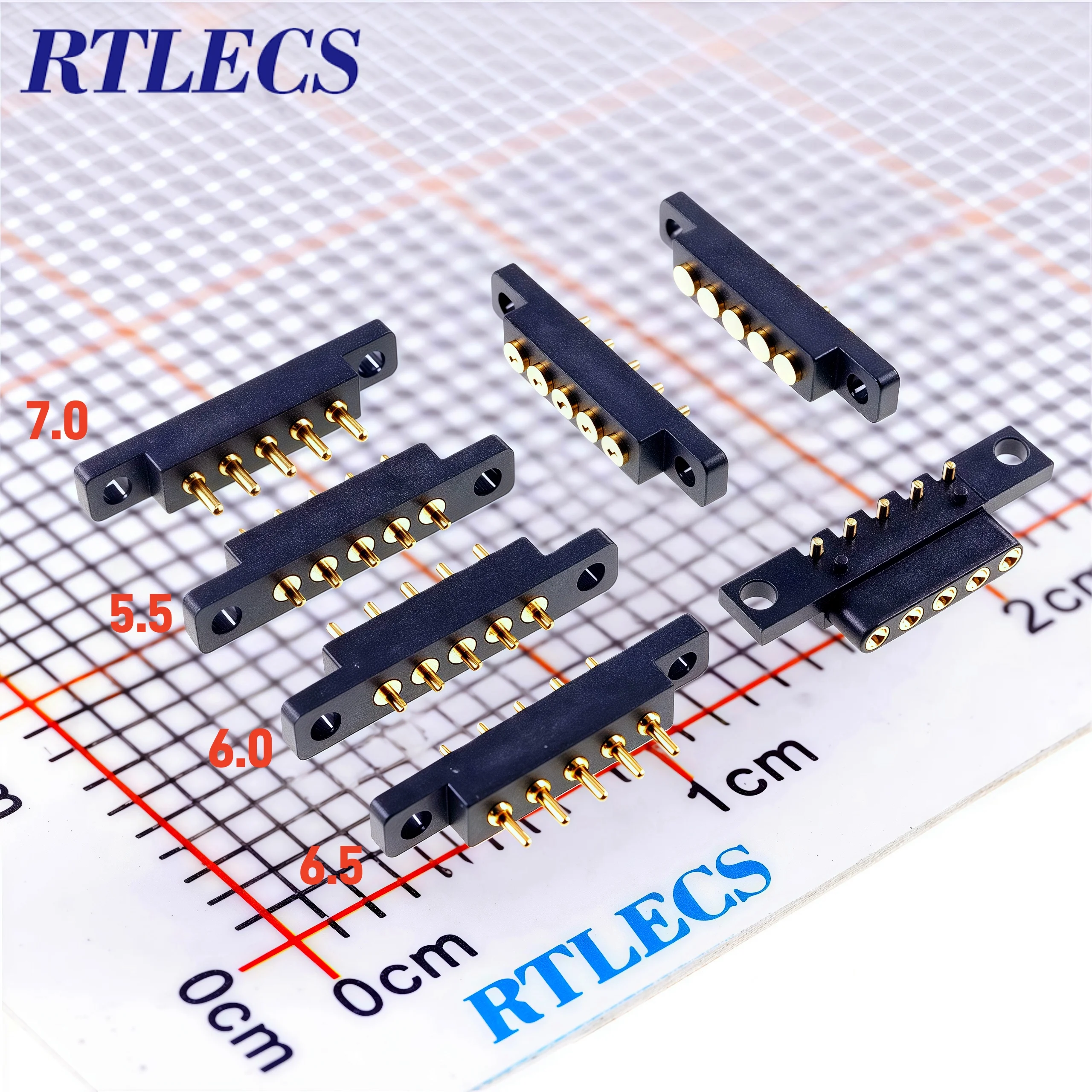 Spring-Loaded Pogo Pin 5 Pin Male Header Female Pad Contact Pad 2.54 mm Grid Through Hole With Flange Panel Mount Strip 2A 36VDC