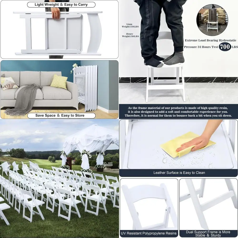 كرسي متين قابل للطي من الراتنج الأبيض مع وسادة، يدعم 700 رطلاً، مثالي للمناسبات الداخلية والخارجية، متعدد الاستخدامات للاجتماعات، P