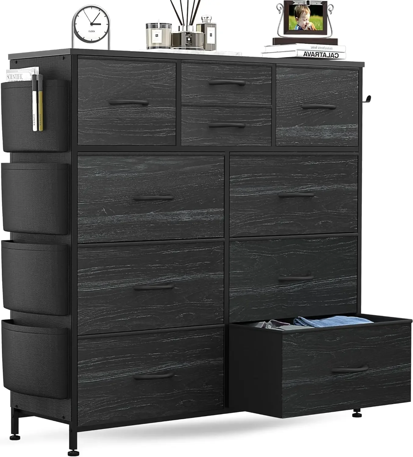 Dresser for Bedroom with 10 Drawers, Chest of Drawers, Fabric Storage Tower with Side Pockets and Hooks