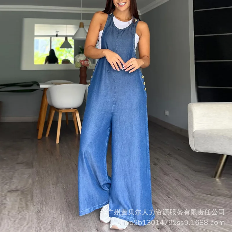 

Wide Leg Jumpsuit One Piece Women Jumpsuits Sleeveless V Neck Overalls Suspenders Wide Leg Long Pants Casual Loose Rompers 2024