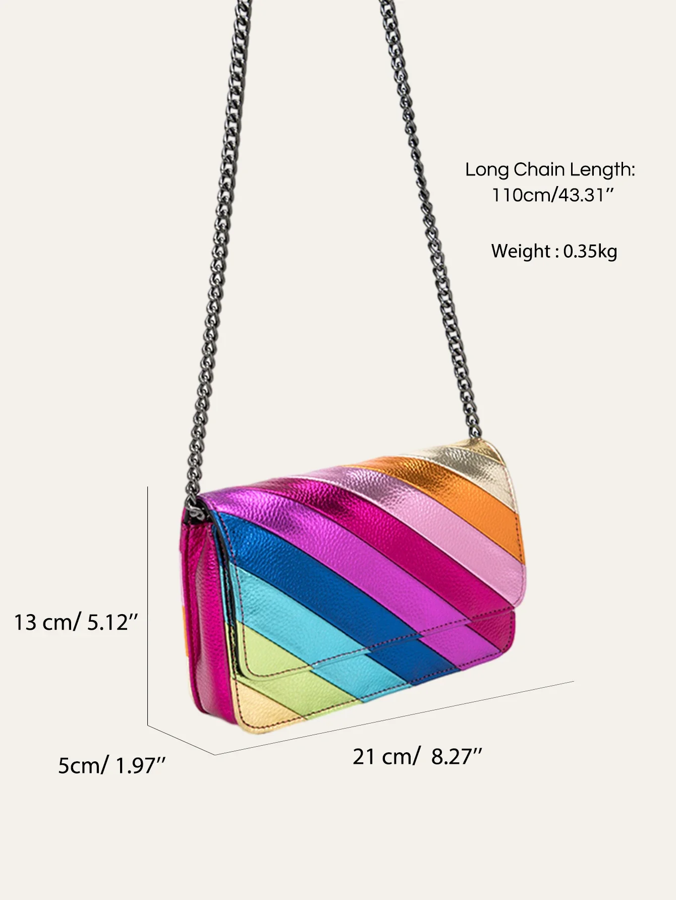 CEZIRA Fashion Small Rainbow Colorful Stripes Handbag Women PU Leather Patchwork Square Flap Metal Chain Cross Body Shoulder Bag