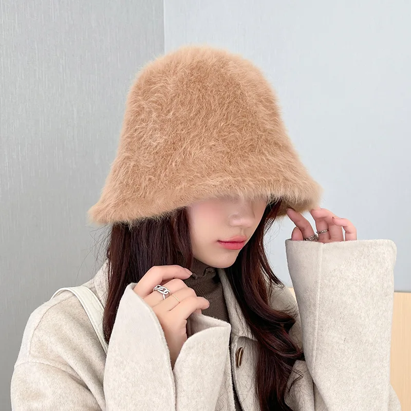 New Rabbit Fur Bucket Hat for Women Fashion Autumn Winter Warm Thickened Fisherman Hat Outdoor Panama Plush Basin Hat Lady Cap