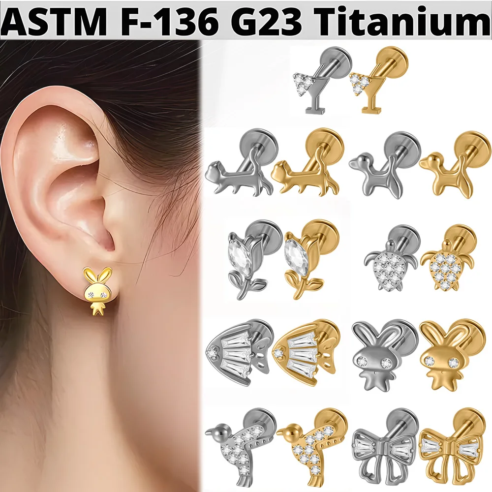 1/2/9PCS Titanium Turtle&Rose Lip Helix Studs Zirconia Labret Cartilage Earrings Stud 16G Internal Thread Ear Tragus Piercing