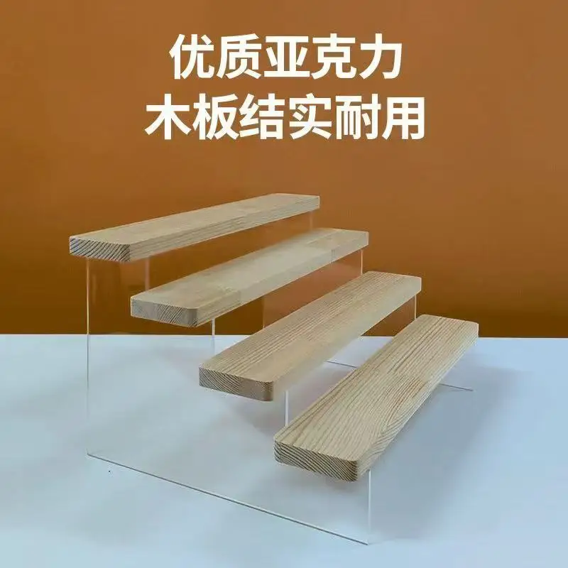 Acrylic Staircase Display Stand with Wooden Board for Figurines Toys Cosmetics Dolls Jewelry Desktop Storage Organizer Booth