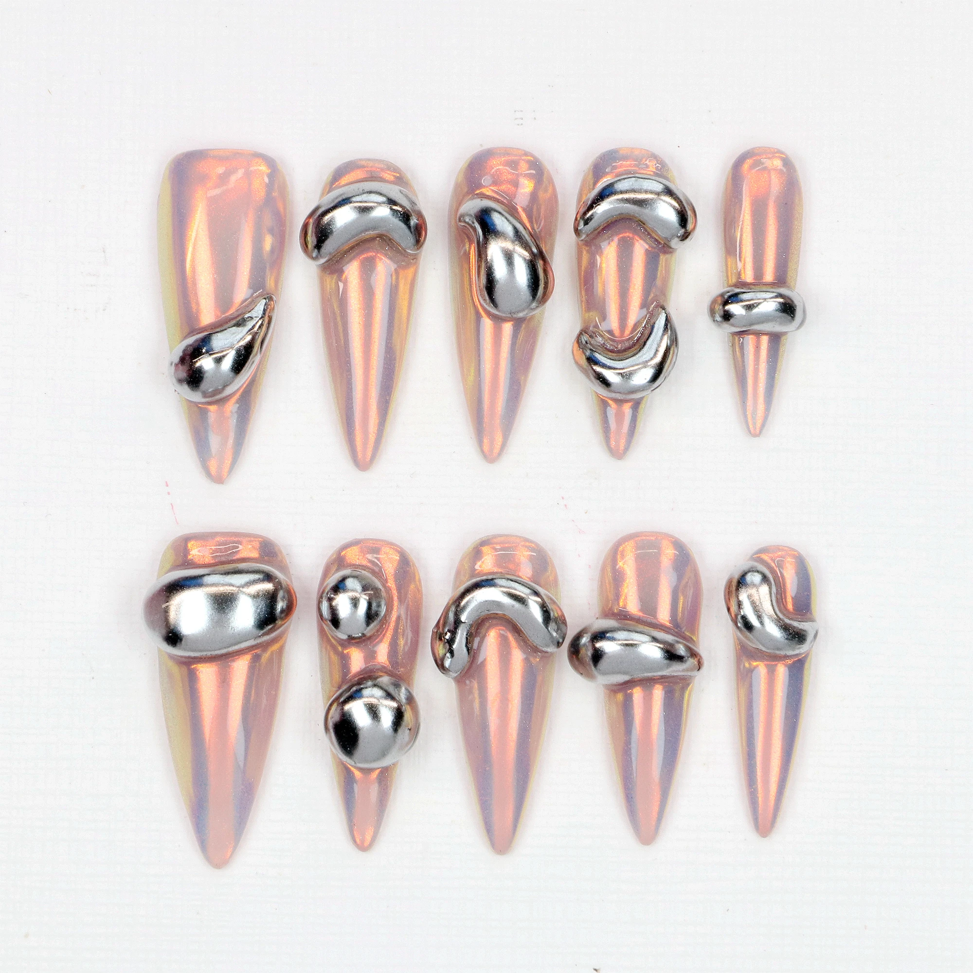 

10 шт. на заказ 3D металлические серебряные капли в розовом зеркале Авроры, длинные шпильки, пресс на ногтях, роскошный хромированный модный клей, искусство накладных ногтей