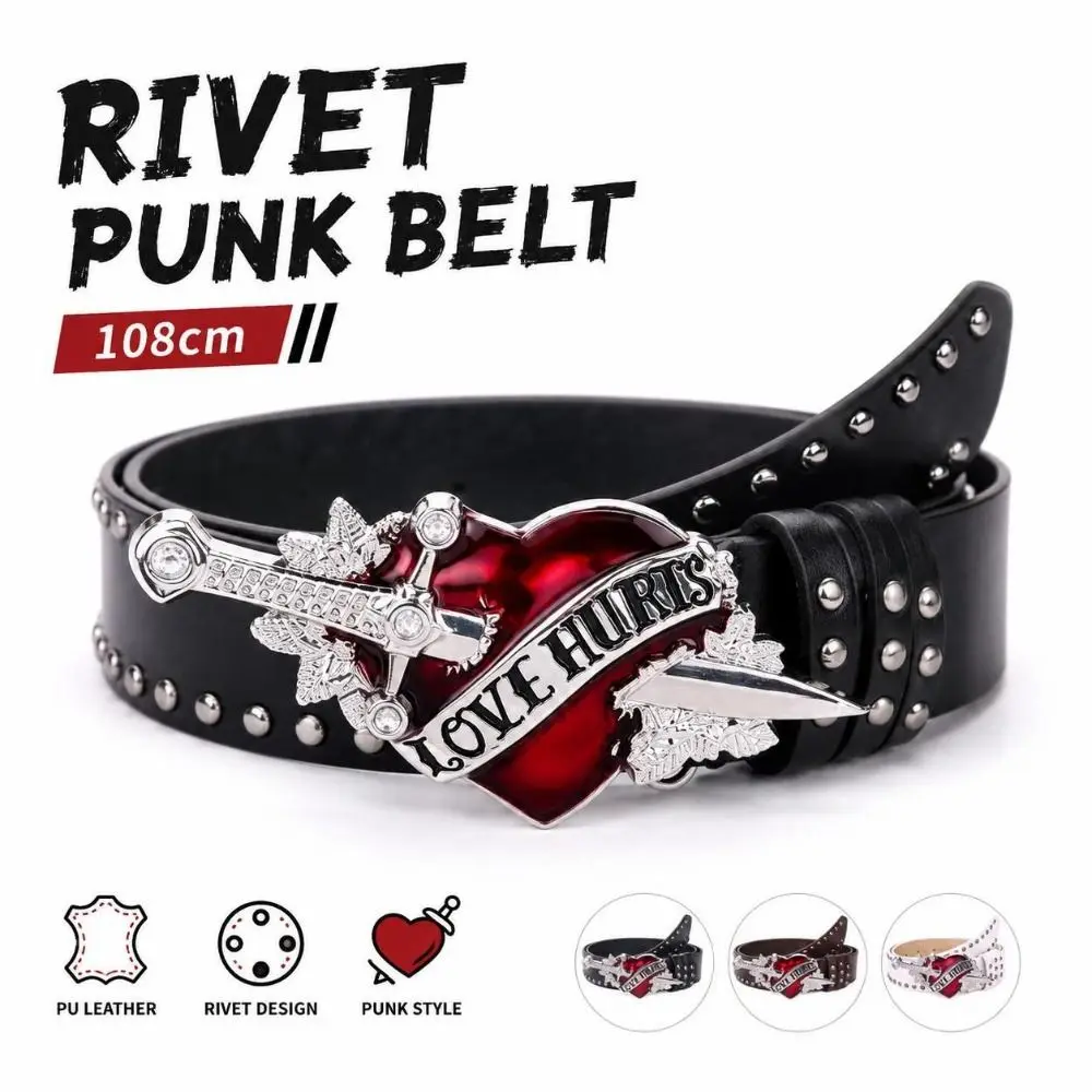 1Pcs Leather Sword Belt Sword Design Adjustable Buckle Punk Belt Red Heart Fashion Waistband for Party Music Festival Daily Wear