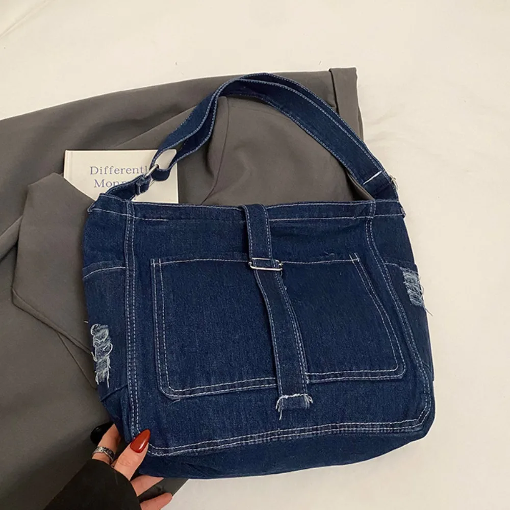

Simple Shoulder Bag Denim Canvas Bag Crossbody Bag Buckle Strap Vintage Handbag Street Style Shopping Bag Simple Tote Bag Travel