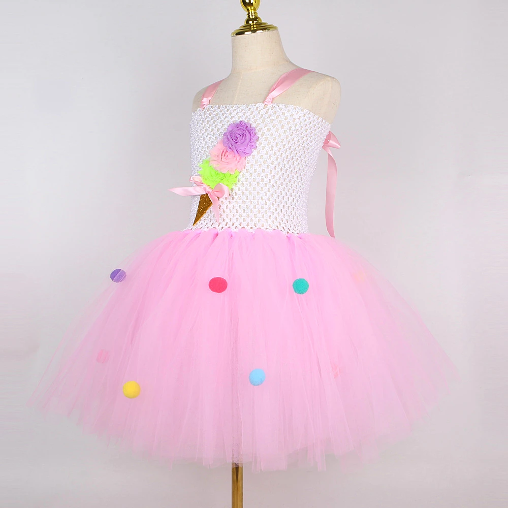 Pink Ice Cream Tutu Dress for Baby Girls Birthday Party Cake Smash Costumes Kids Candyland Outfit with Bow Child Sweet Clothes